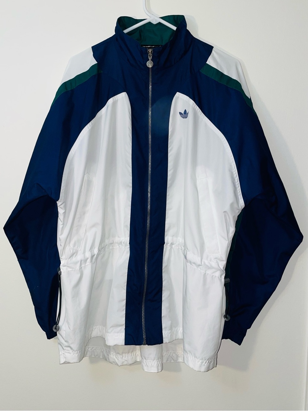 VTG 90s ADIDAS Colorblock Windbreaker Jacket, Navy White Green, Trefoil Logo